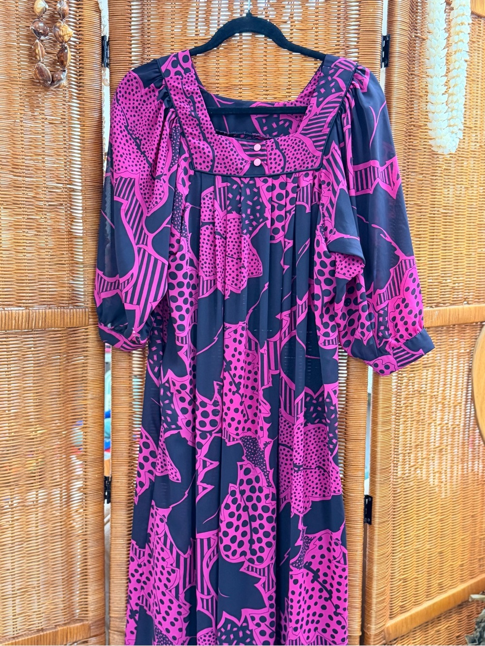 Vintage Moko Hawai‘i Black & Fuchsia Printed Mu‘u Style Dress w/ Square Neckline